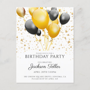 Gold Black Balloons Birthday Party Invitation Postcard