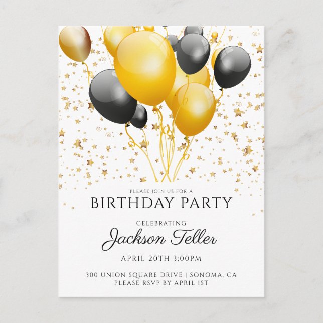 Gold Black Balloons Birthday Party Invitation Postcard (Front)