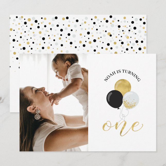 Gold & Black Balloons | Boy 1st Birthday Party Invitation (Front/Back)