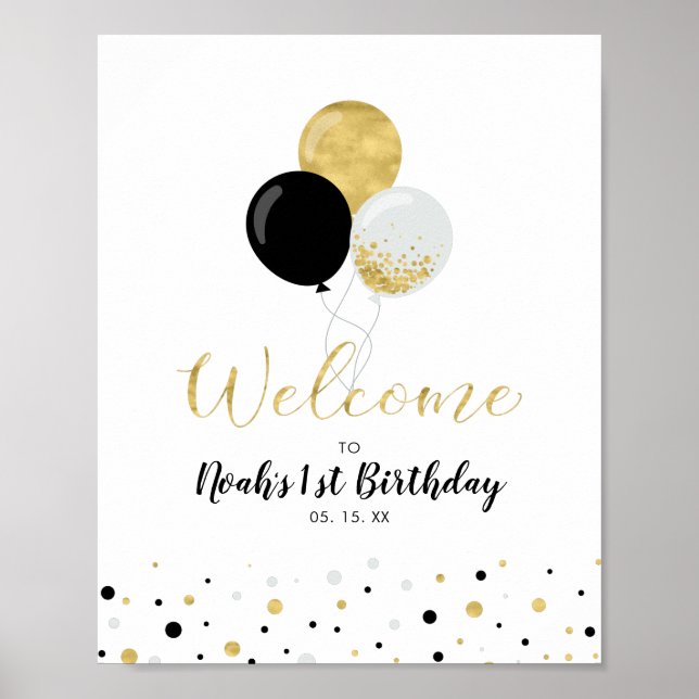 Gold & Black Balloons Boy 1st Birthday Welcome Poster (Front)