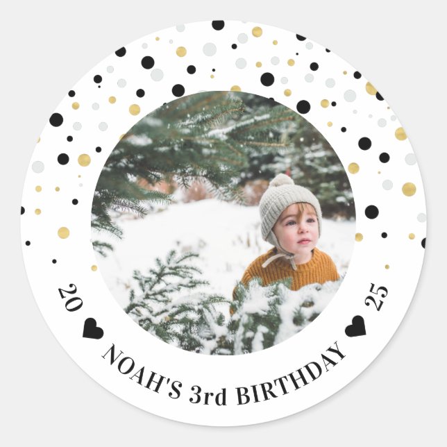 Gold & Black Balloons | Boy Birthday Party Photo Classic Round Sticker (Front)