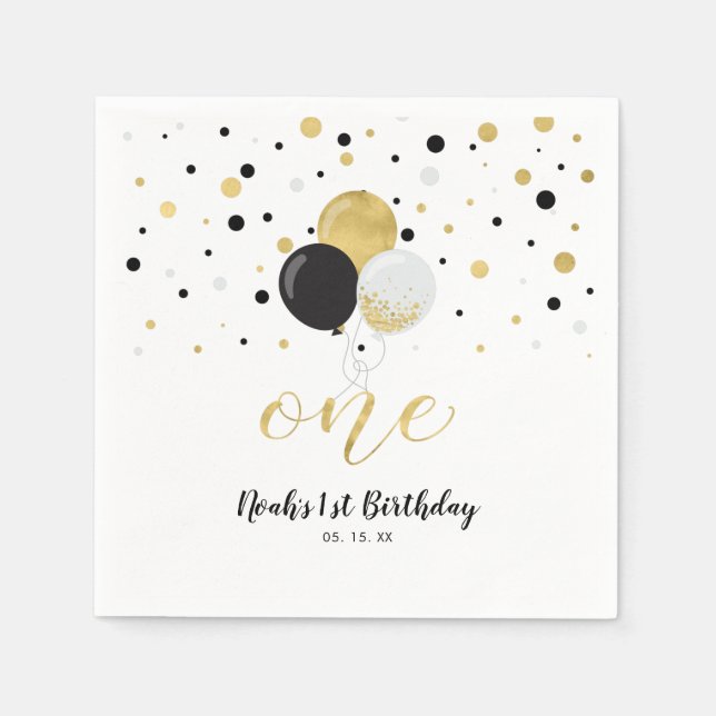 Gold & Black Balloons, Confetti Boy 1st Birthday Napkins (Front)
