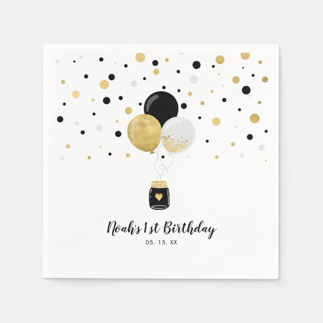 Gold & Black Balloons & Confetti Kids Birthday Napkins (Front)