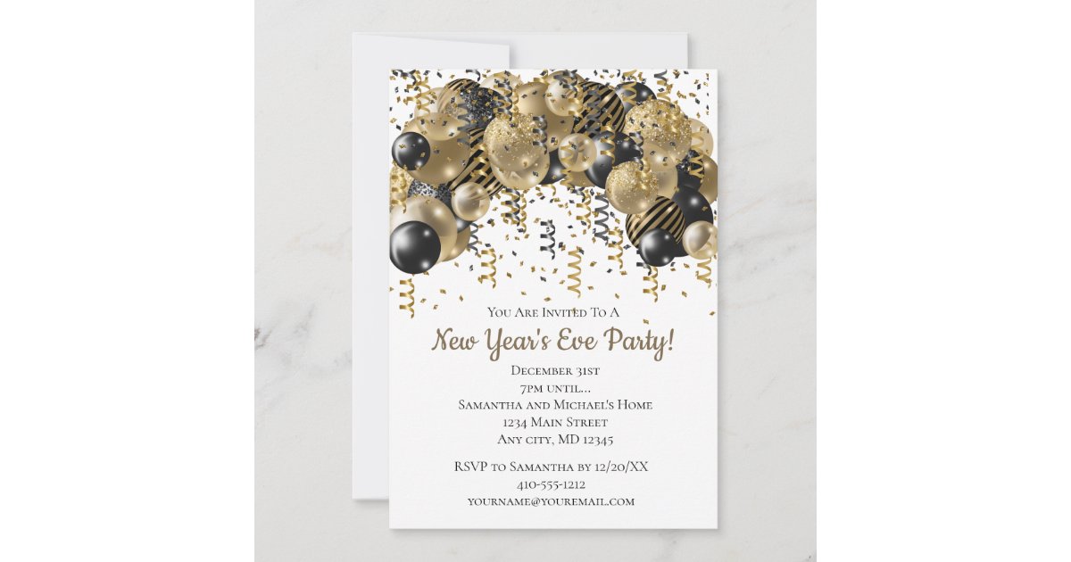 Gold Black Balloons Confetti New Years Eve Party | Zazzle