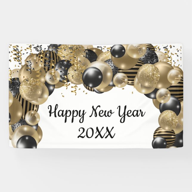 Gold Black Balloons Confetti New Years Eve Party   Banner (Horizontal)