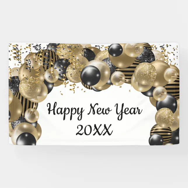 Gold Black Balloons Confetti New Years Eve Party Banner | Zazzle