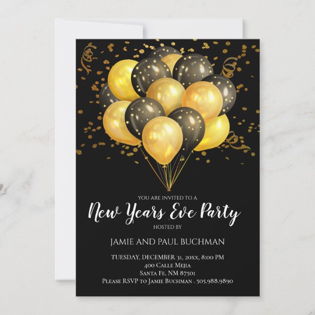 Gold & Black Balloons Confetti New Years Eve Party Invitation (Front)