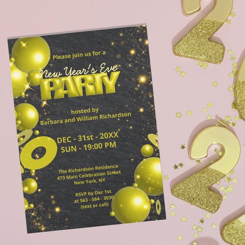 Gold Black Balloons Confetti New Years Eve Party Invitation