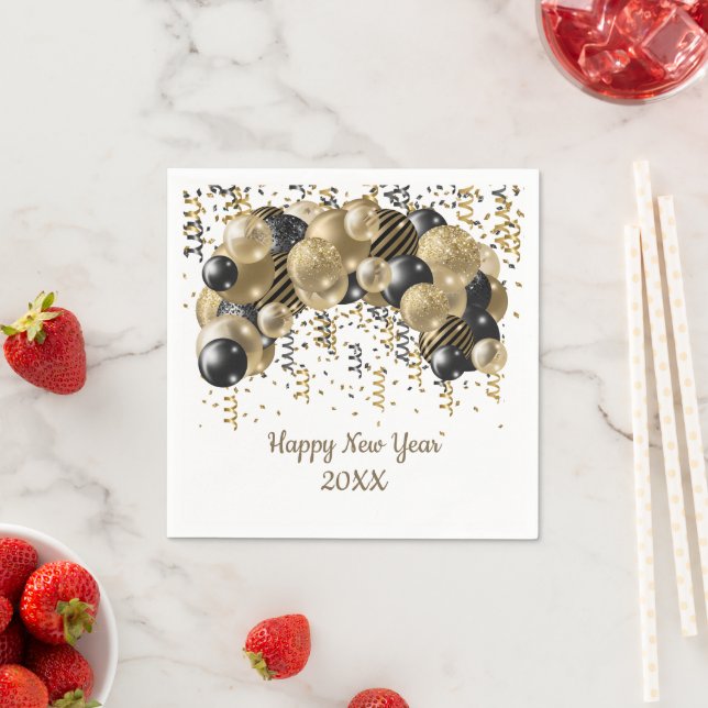 Gold Black Balloons Confetti New Years Eve Party  Napkins (Insitu)