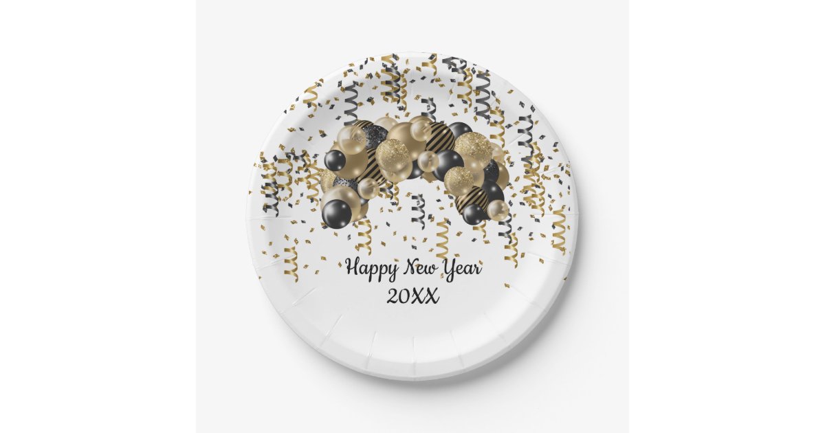 Gold Black Balloons Confetti New Years Eve Party Paper Plates | Zazzle