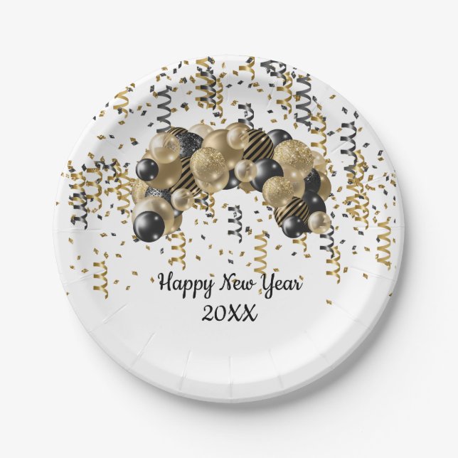 Gold Black Balloons Confetti New Years Eve Party  Paper Plates (Front)