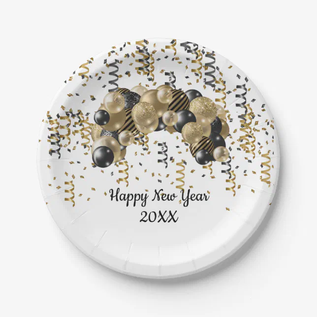 Gold Black Balloons Confetti New Years Eve Party Paper Plates | Zazzle