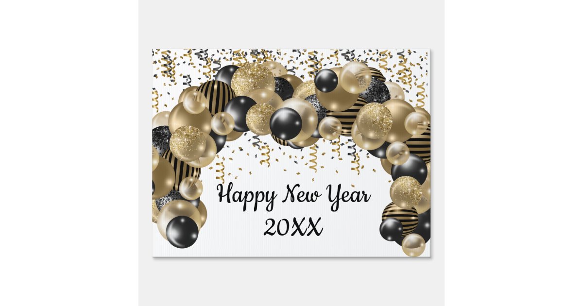 Gold Black Balloons Confetti New Years Eve Party Sign | Zazzle