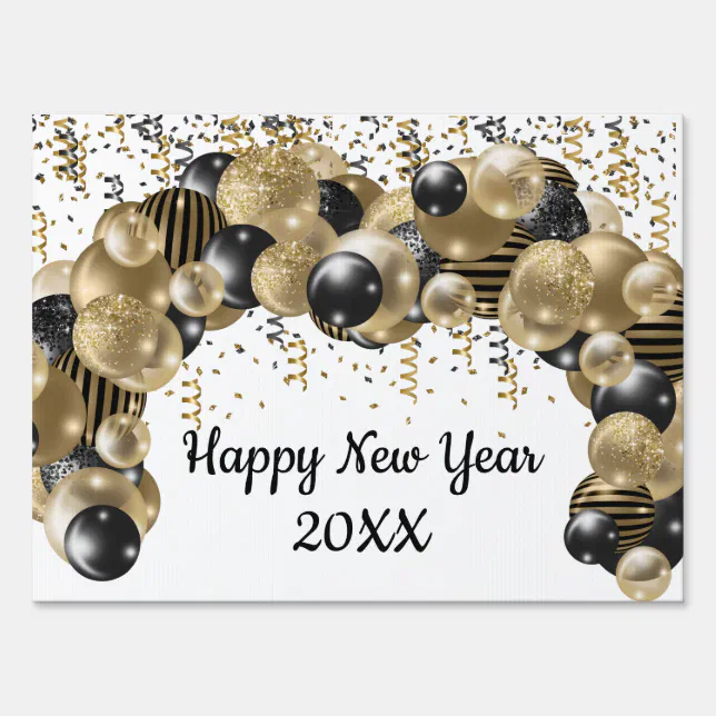 Gold Black Balloons Confetti New Years Eve Party Sign | Zazzle