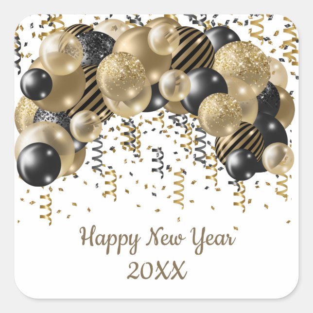 Gold Black Balloons Confetti New Years Eve Party Square Sticker (Front)