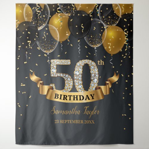 Gold black balloons diamond 50th birthday party tapestry