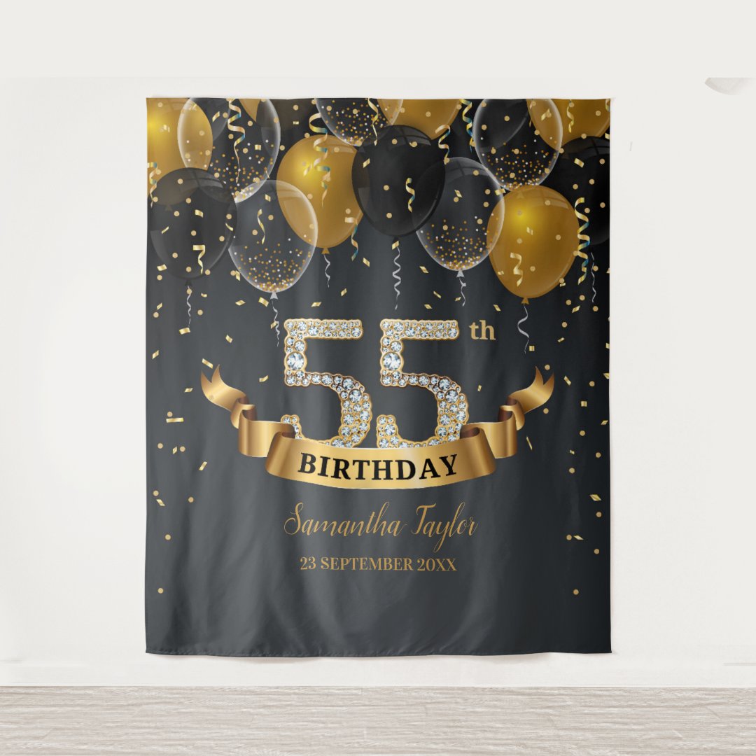 Gold black balloons diamond 55th birthday party tapestry | Zazzle