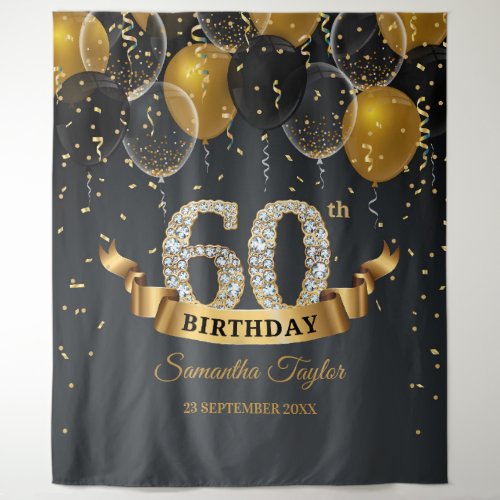 Gold black balloons diamonds 60th birthday party tapestry