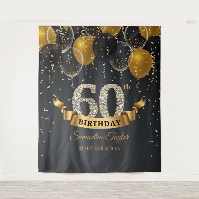 Gold black balloons diamonds 60th birthday party tapestry (Front)