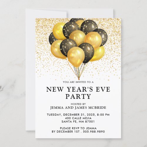 Gold Black Balloons Glitter New Years Eve Party I Invitation