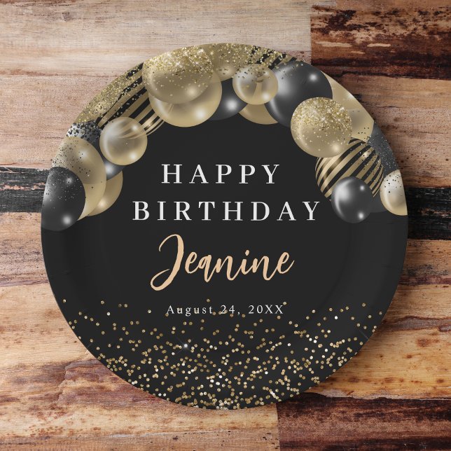 Gold Black Balloons Happy Birthday Party  Paper Plates (Creator Uploaded)
