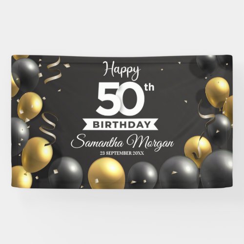 Gold black balloons modern any age birthday banner