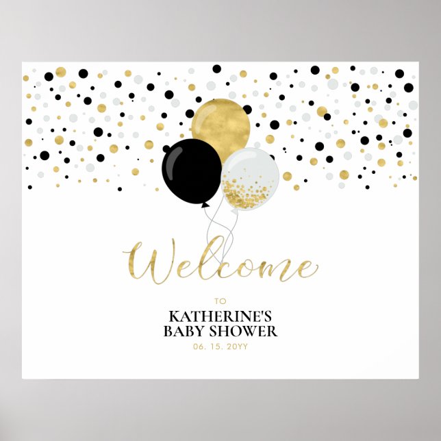Gold & Black Balloons Modern Baby Shower Welcome Poster (Front)