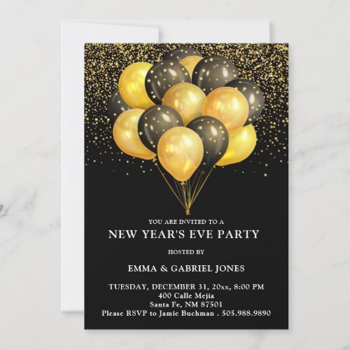 Gold  Black Balloons New Years Eve Party  Invitation