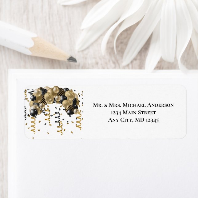 Gold Black Balloons New Years Eve Return Address Label (Insitu)