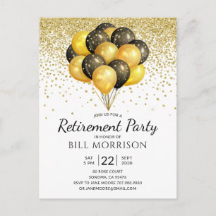 Gold Black Balloons Retirement Invitation Postcard