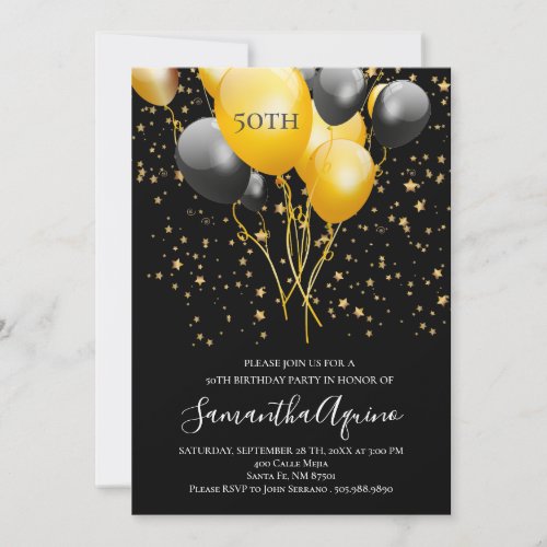 Gold  Black Balloons Star Confetti 50th Birthday Invitation