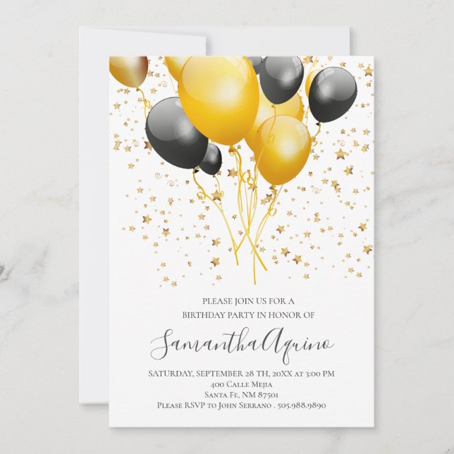 Gold & Black Balloons Star Confetti Birthday White Invitation (Front)