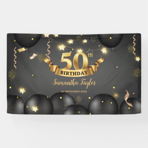 Gold black balloons stars elegant birthday party banner