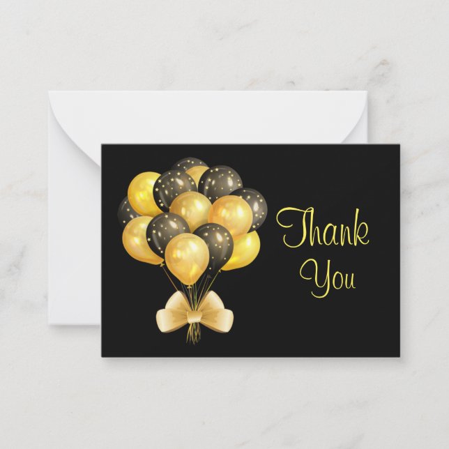 Gold Black Balloons Thank You  Note Card (Front)