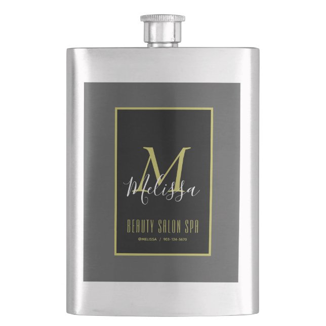 Gold Black Beauty Salon SPA by Melissa Monogram Flask (Front)
