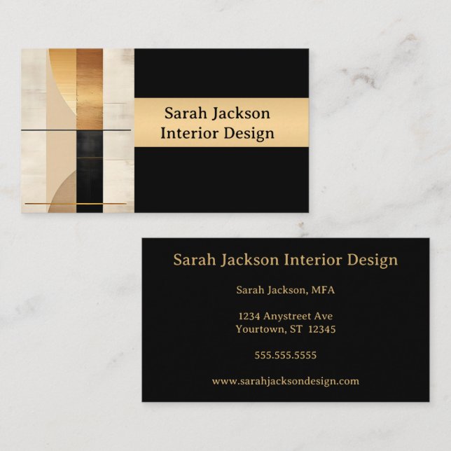 Gold Black Beige Modern Art Interior Designer Business Card (Front/Back)