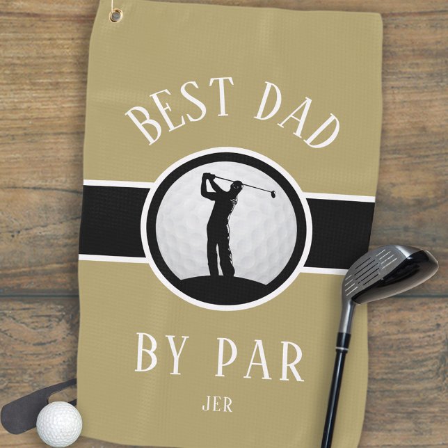 Gold Black Best Dad By Par Personalized  Golf Towel (Best Dad By Par Golf Quote Monogrammed Initials or Name Gold Black Golf Towel For Him)