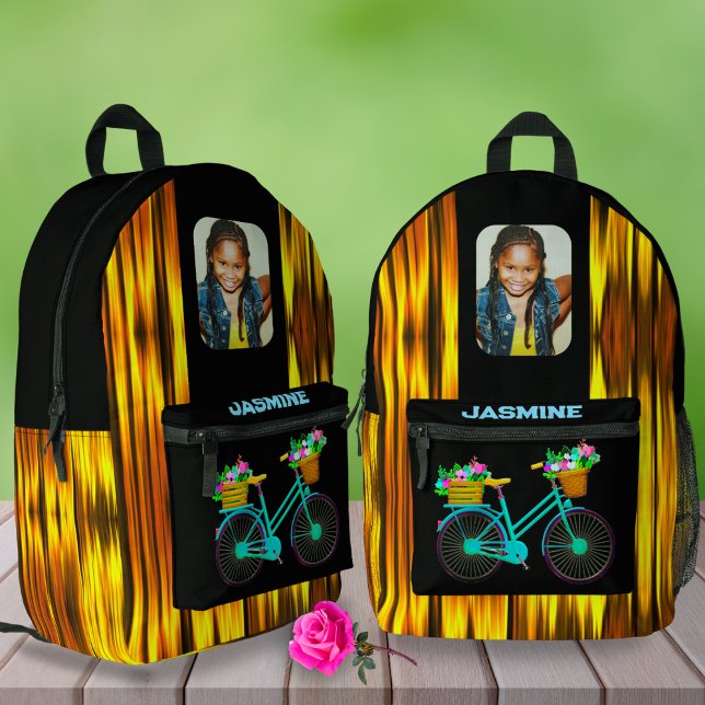 Gold Black Bike Floral Custom Name Photo School  Printed Backpack (Creator Uploaded)