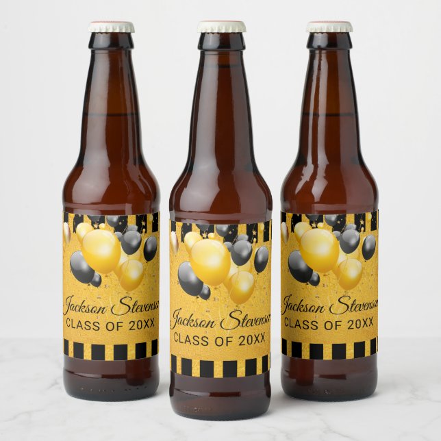 Gold Black Black Stripes Graduation Party Beer Bot Beer Bottle Label (Bottles)