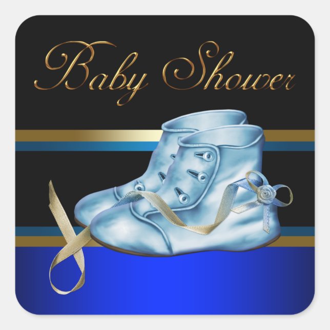 Gold Black Blue Baby Booties Boy Shower Stickers (Front)