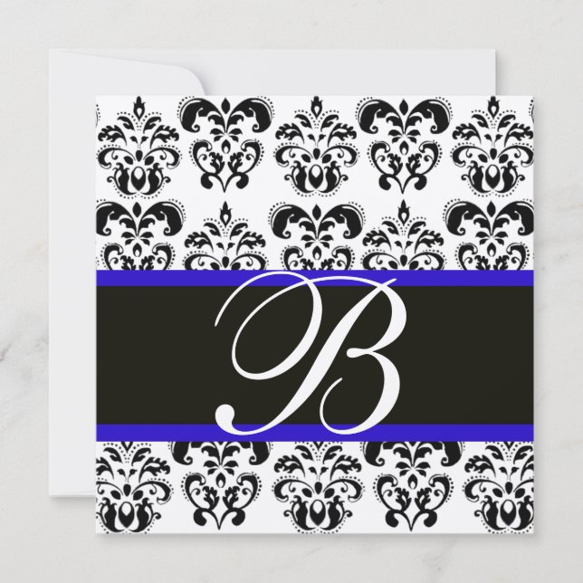 GOLD & BLACK BLUE DAMASK MONOGRAM , white Invitation (Front)