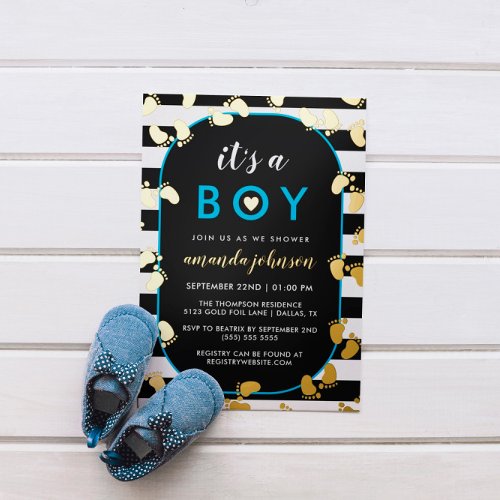 Gold Black Blue Its A Boy Baby Footprints Foil Invitation