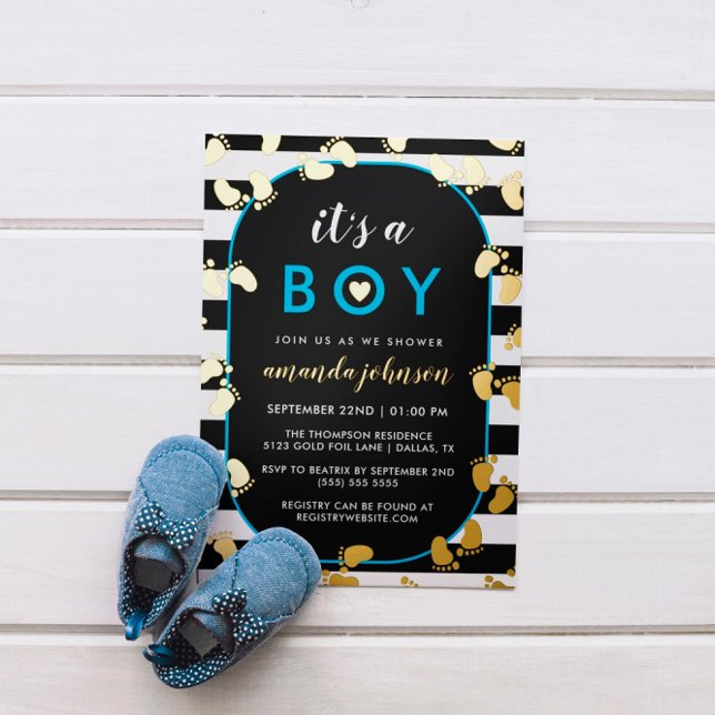 Gold Black Blue It's A Boy Baby Footprints Foil Invitation (Creator Uploaded)