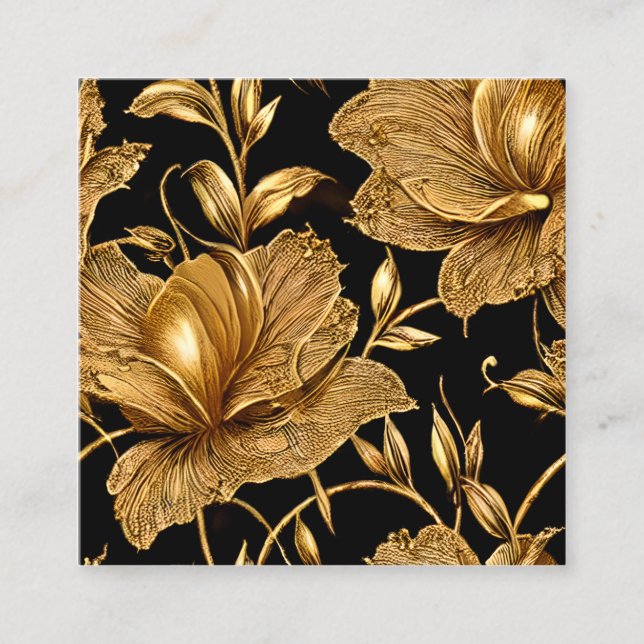 Gold Black Blush Delicate Floral Pattern Square Business Card (Front)