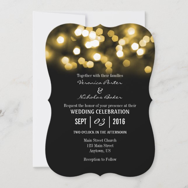 Gold Black Bokeh Glitter Lights Wedding Invites (Front)