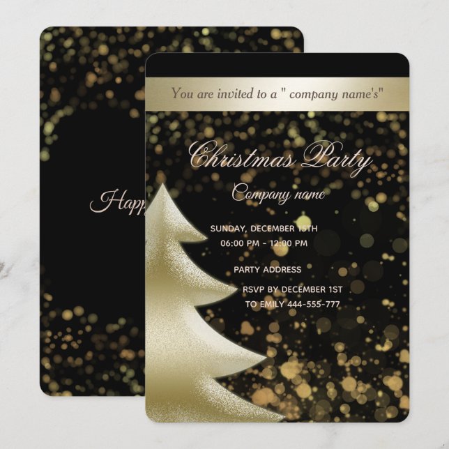 Gold/black bokeh luxury corporate Christmas party Invitation (Front/Back)