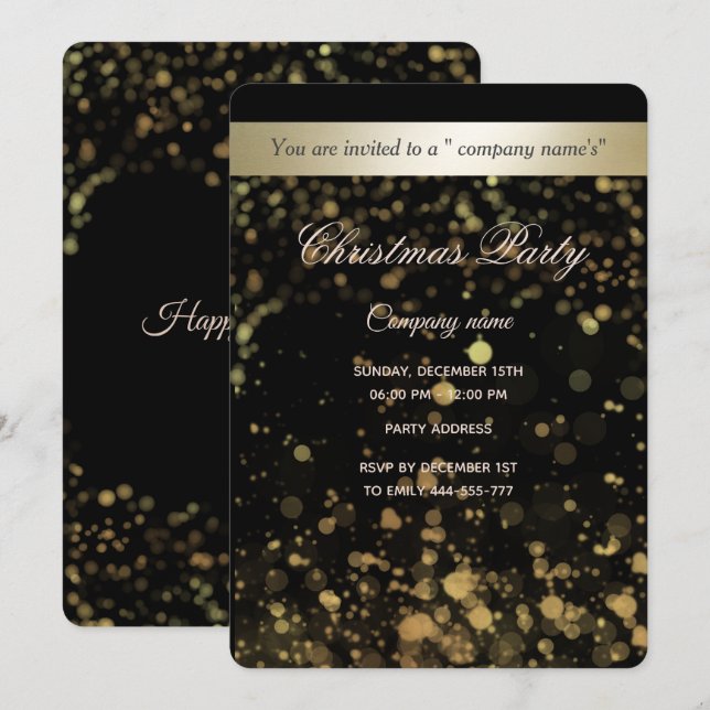 Gold/black bokeh luxury corporate Christmas party Invitation (Front/Back)