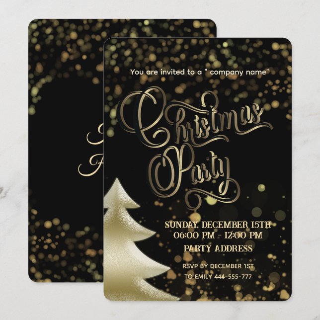 Gold/black bokeh luxury corporate Christmas party Invitation (Front/Back)