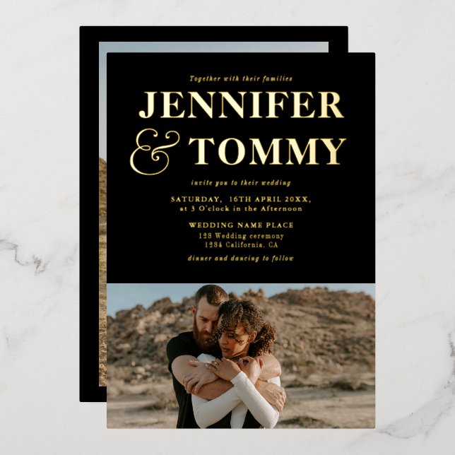 Gold black bold names chic 2 photos wedding foil invitation (Front/Back)