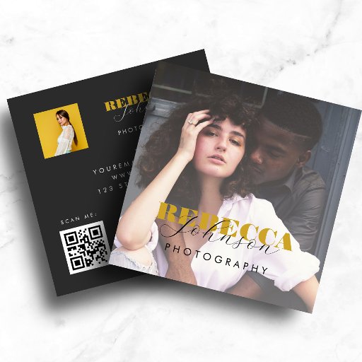 Customizable Gold Black Bold Script 2 Photo Minimal QR Code     Square Business Card